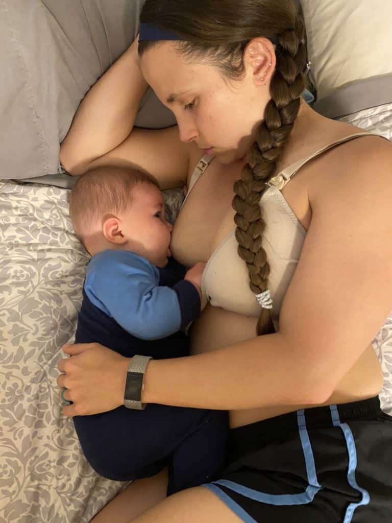 Side lying breast position, ideal for comfortable latch as well as allowing baby to handle a mom’s heavy milk flow.