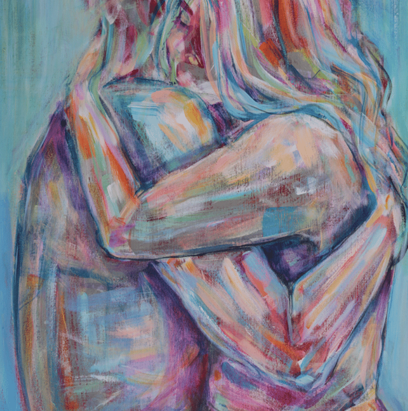 Two people embracing painting by Chloe Trayhurn