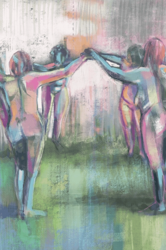 Painting of women holding hands in a circle by Chloe Trayhurn