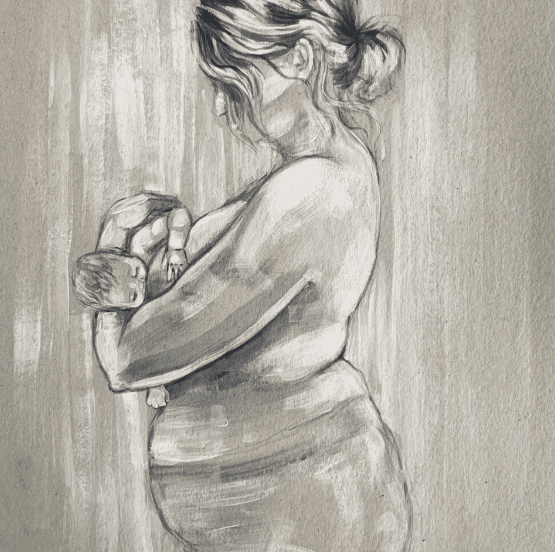 Painting of postpartum mom breastfeeding by Chloe Trayhurn