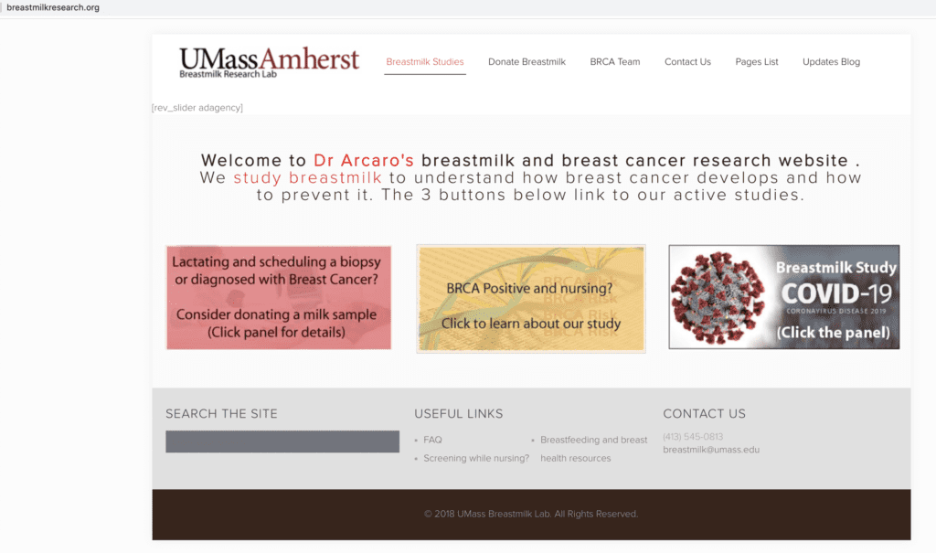 Dr. Acaro's breastmilk and breast cancer research website from UMass Amherst