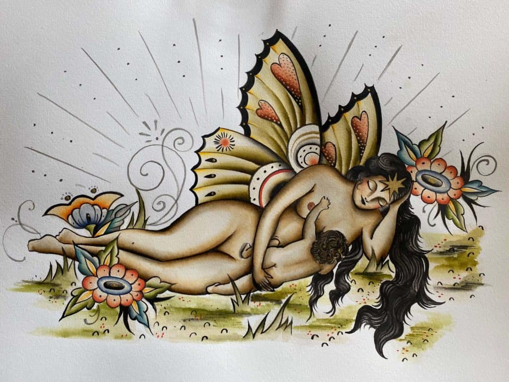 Painting of fairy in natural setting breastfeeding by artist Renata Vignati