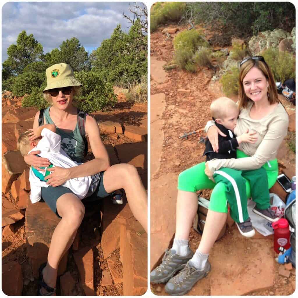 Laurie Jones, MD, founder of Facebook Super Group Dr. MILK (right) feeding her son at the exact spot I fed mine (years later, left) on an epic Sedona hike.