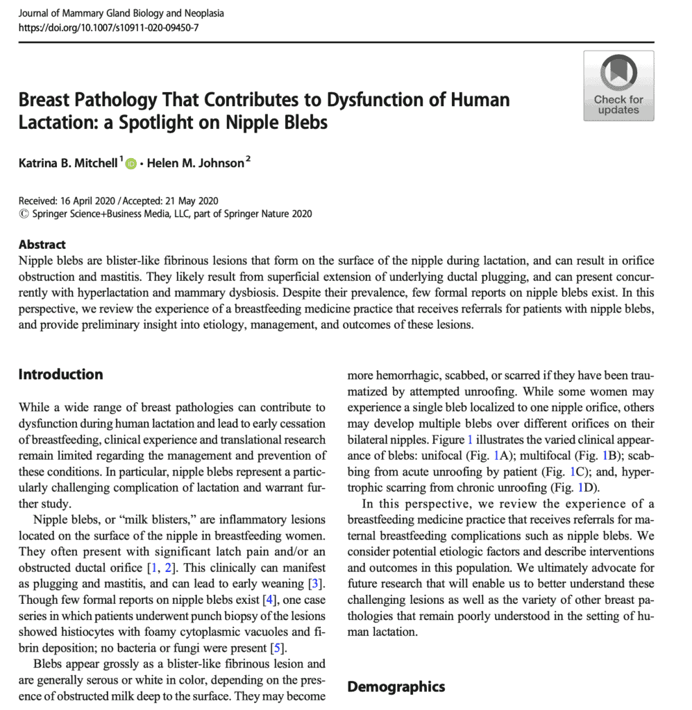 Beginning of article: Breast Pathology That Contributes to Dysfunction of Human Lactation: a Spotlight on Nipple Blebs