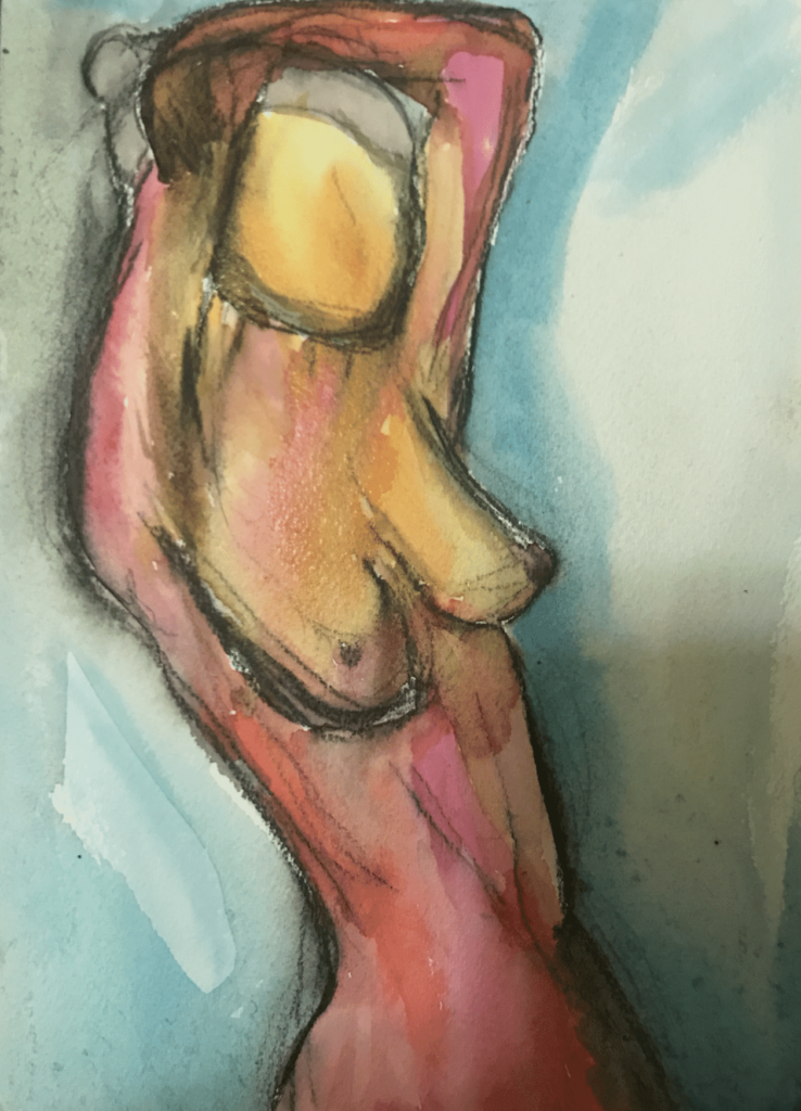 Abstract painting of a woman holding her hands above her head