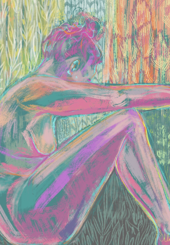 Painting showing a woman sitting on the ground looking down