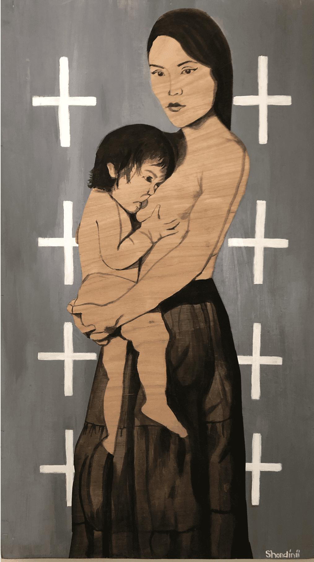 Painting of mother breastfeeding her child by Shondinii Walters