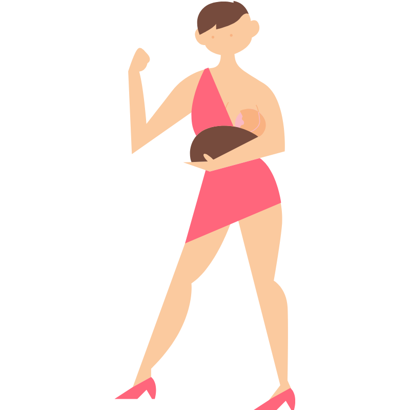 Illustration of woman breastfeeding while flexing her arm