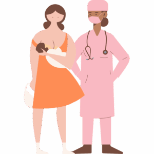 Illustration of Woman breastfeeding and talking to surgeon