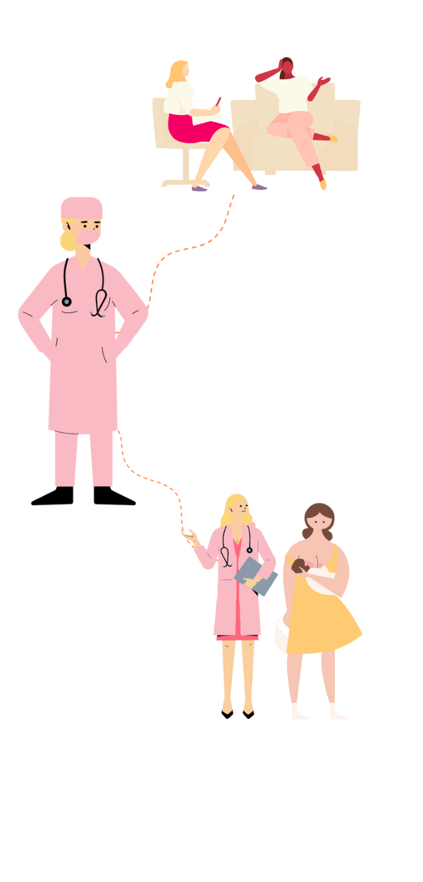 Graphic depiction of Katrina meeting with a patient, Katrina as a surgeon and Katrina meeting with new mom and baby